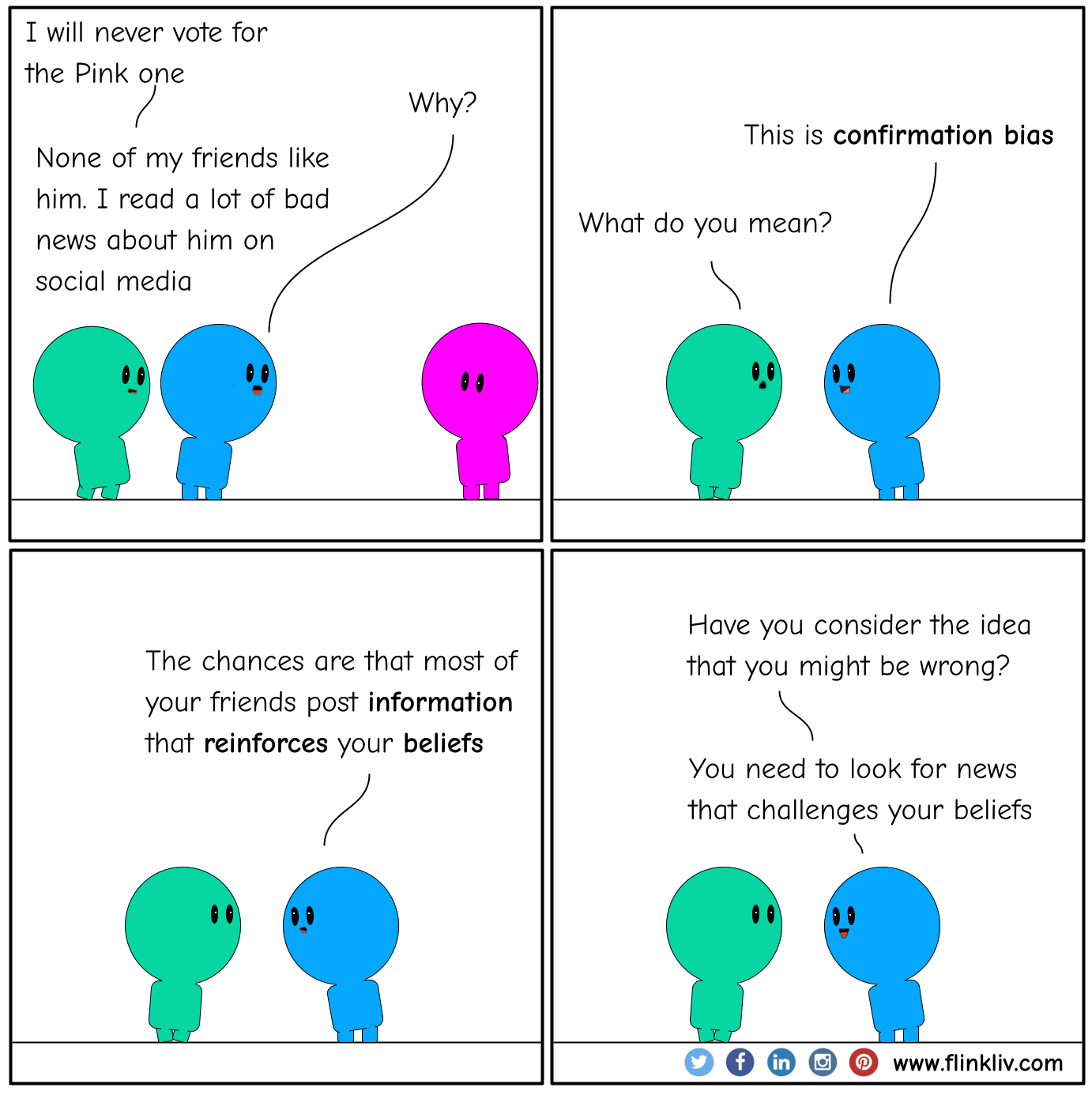 Conversation between A and B about confirmation bias. 
              A: I will never vote for the Pink one
              B: Why?
              A: None of my friends like him. I read a lot of bad news about him on social media
              B: This is confirmation bias.
              A: What do you mean?
              B: The chances are that most of your friends post information that reinforces your beliefs B: Have you consider the idea that you might be wrong?
              B: You need to look for news that challenges your beliefs.
			By flinkliv.com
              